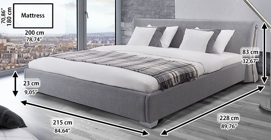 GREY PARIS 180X200 CM UPHOLSTERED BED SUPER KING SIZE 6 INCH WITH SLATTED FRAME