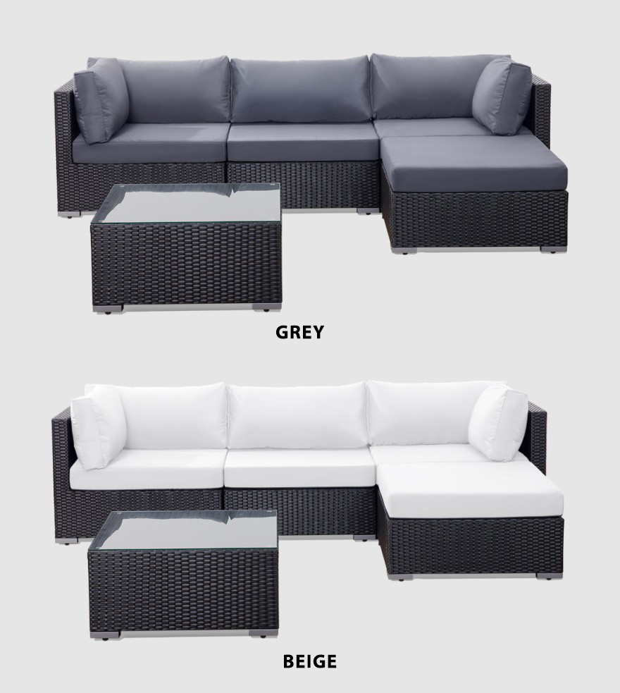 Garden, rattan lounge sofa set, black, wicker, grey, cushions